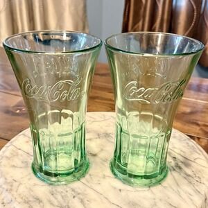 2pc VTG Heavy Coca Cola Coke Green Glass Libbey Flared Tumbler 20oz Mug Glasses